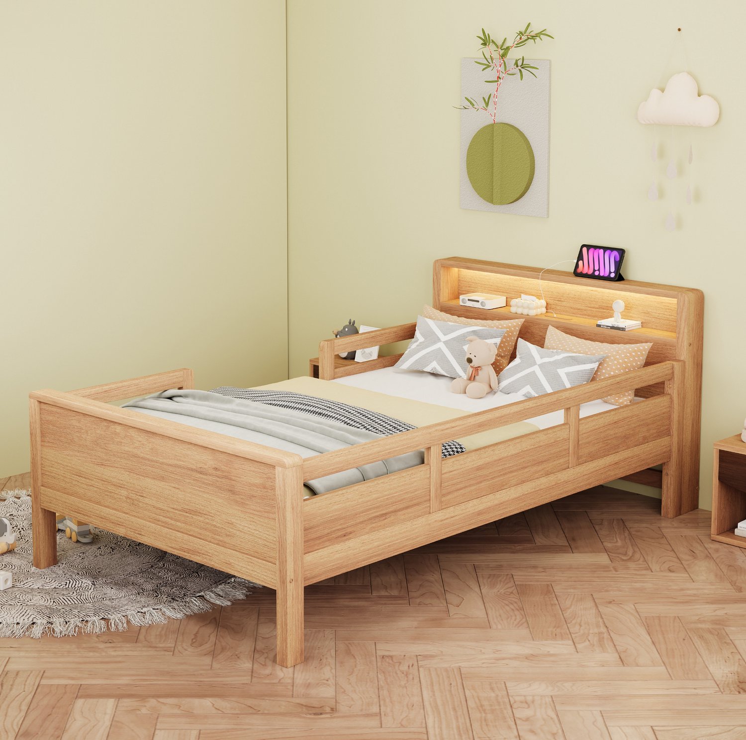 Wishdor Kinderbed 90x200 cm - Met zijhekken en opbergruimte in het hoofdbord - USB- en USB-C-aansluiting met LED-lamp - Voor slapen lezen en spelen - Grenenhout en MDF - Wit en houtkleur Naturel hout