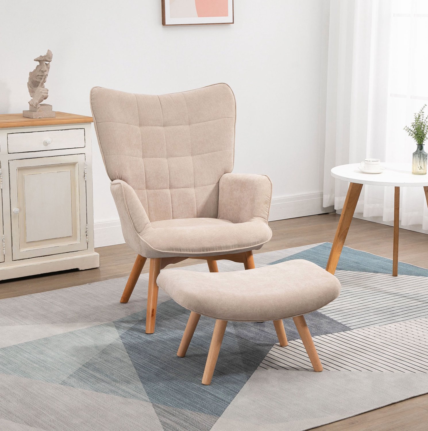 MIVRAY Fauteuil met Hocker 80 x 72 x 101 cm - Zachte Bekleding en Houten Poten - Voor Woonkamer en Leeshoek - Ribstof - Beige