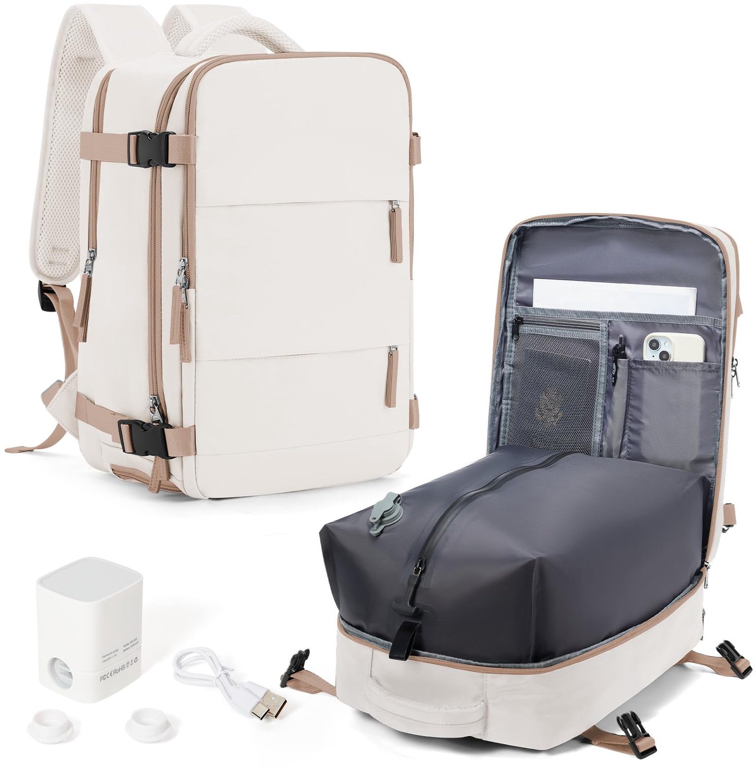 Backpack met Vacuumfunctie - Handbagage 40x30x20 cm - Beige-bruin