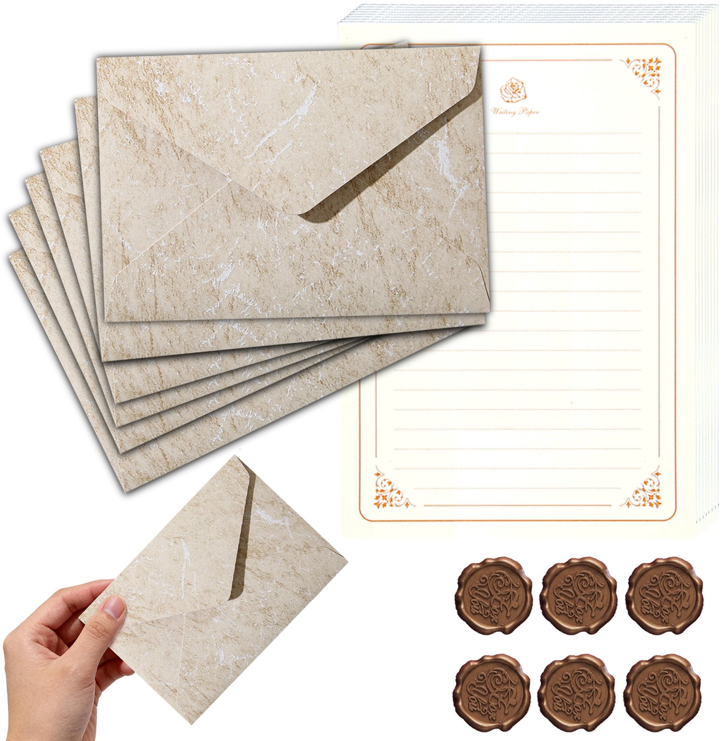 Vintage Briefpapier Set met Beige Enveloppen en Waszegelstickers