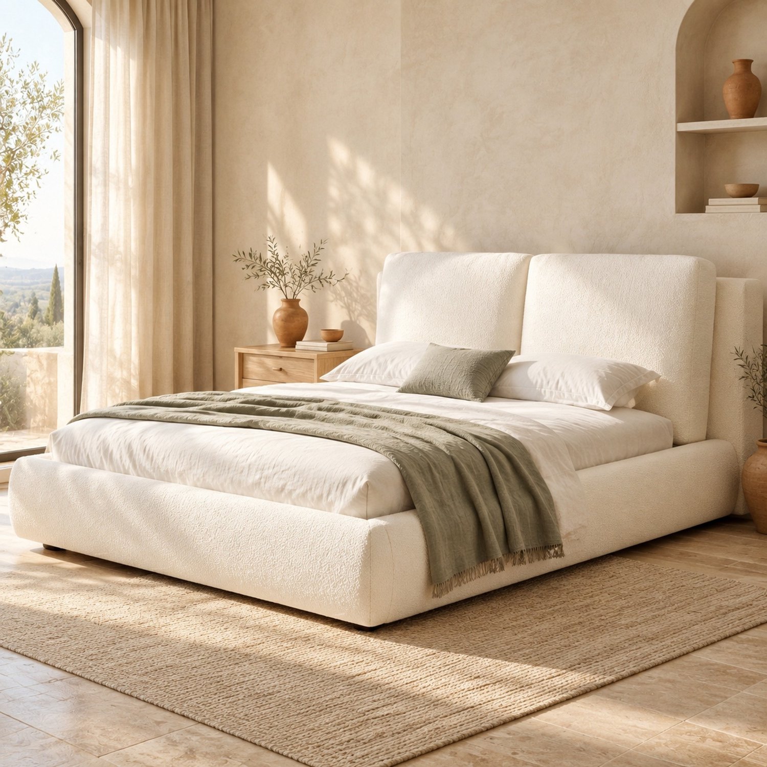 WUVRIE Gestoffeerd tweepersoonsbed 160x200 cm - Lattenbodem en opbergruimte onder het bed - Beige bouclé