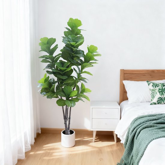 Kunstmatige Fiddle Leaf Fig Boom 213 cm – 7 ft – Meerstammig – Met Witte Pot & Sierkiezels – Realistische Zijden Bladeren – Onderhoudsvrij – Voor Woonkamer, Kantoor, Hal & Entree