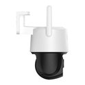 Zijaanzicht van de Imou Titan Pro beveiligingscamera met witte behuizing, antenne en zwarte draaibare camerakop.