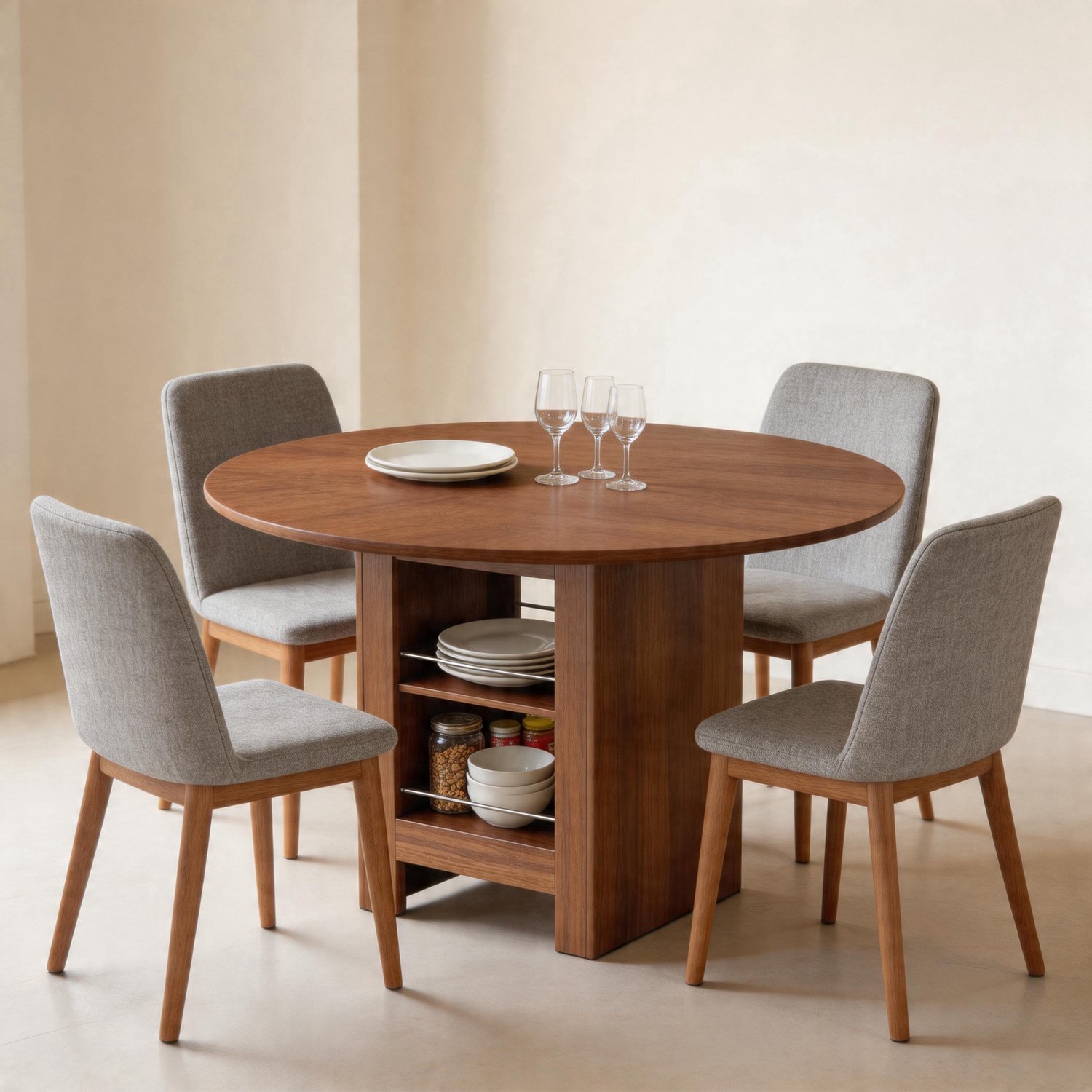 CHICFURN Eettafel 100 cm - Voor 4 tot 6 personen - Open opbergvakken - Rond - Walnootkleur