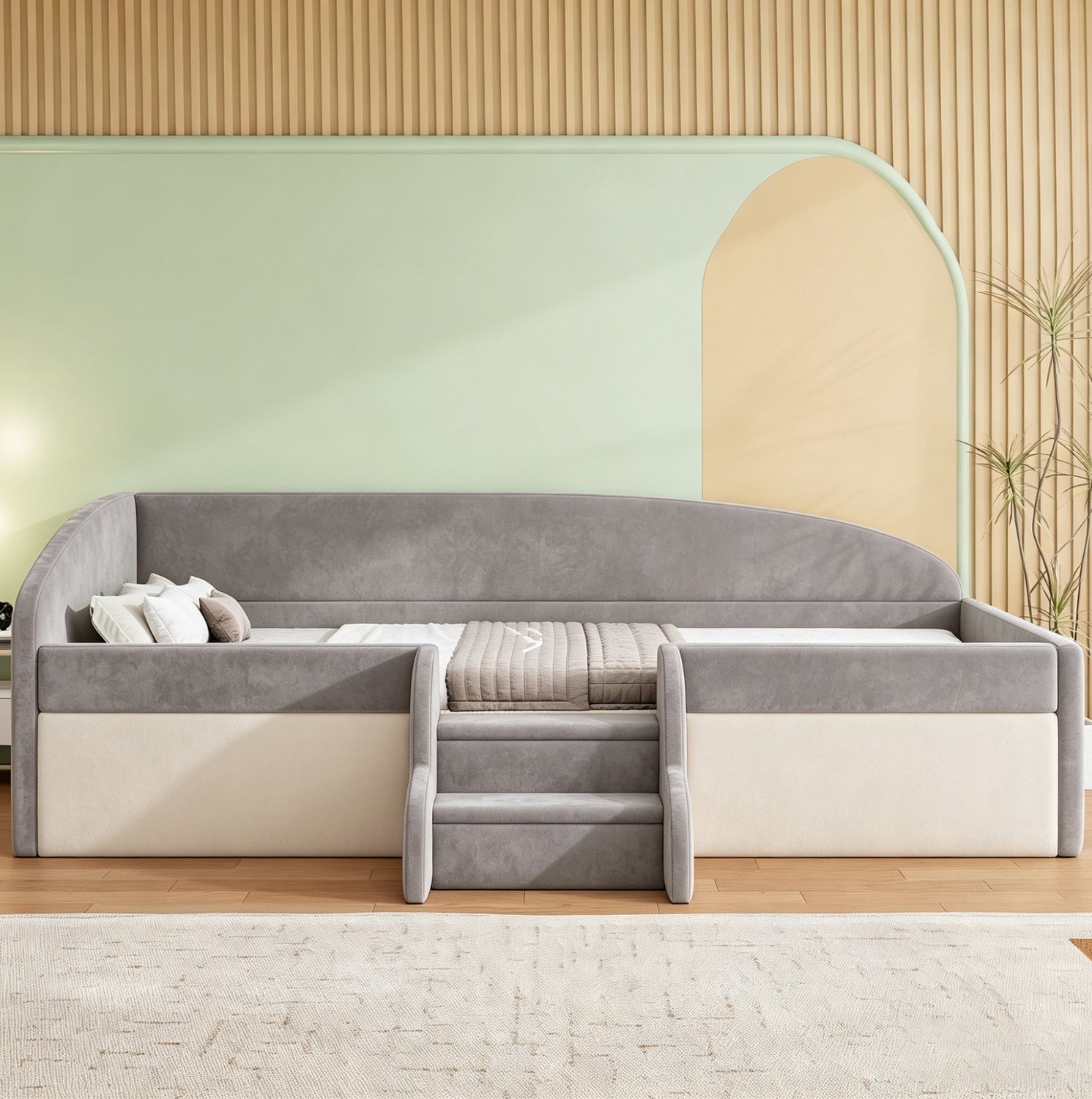 Wishdor Kinderbed 90x190 cm - Gestoffeerd bed met zachte uitvalbeveiliging - Twee antisliptreden en L-vormige rugleuning - Fluwelen bekleding en lattenbodem - Grijs - Voor de kinderkamer