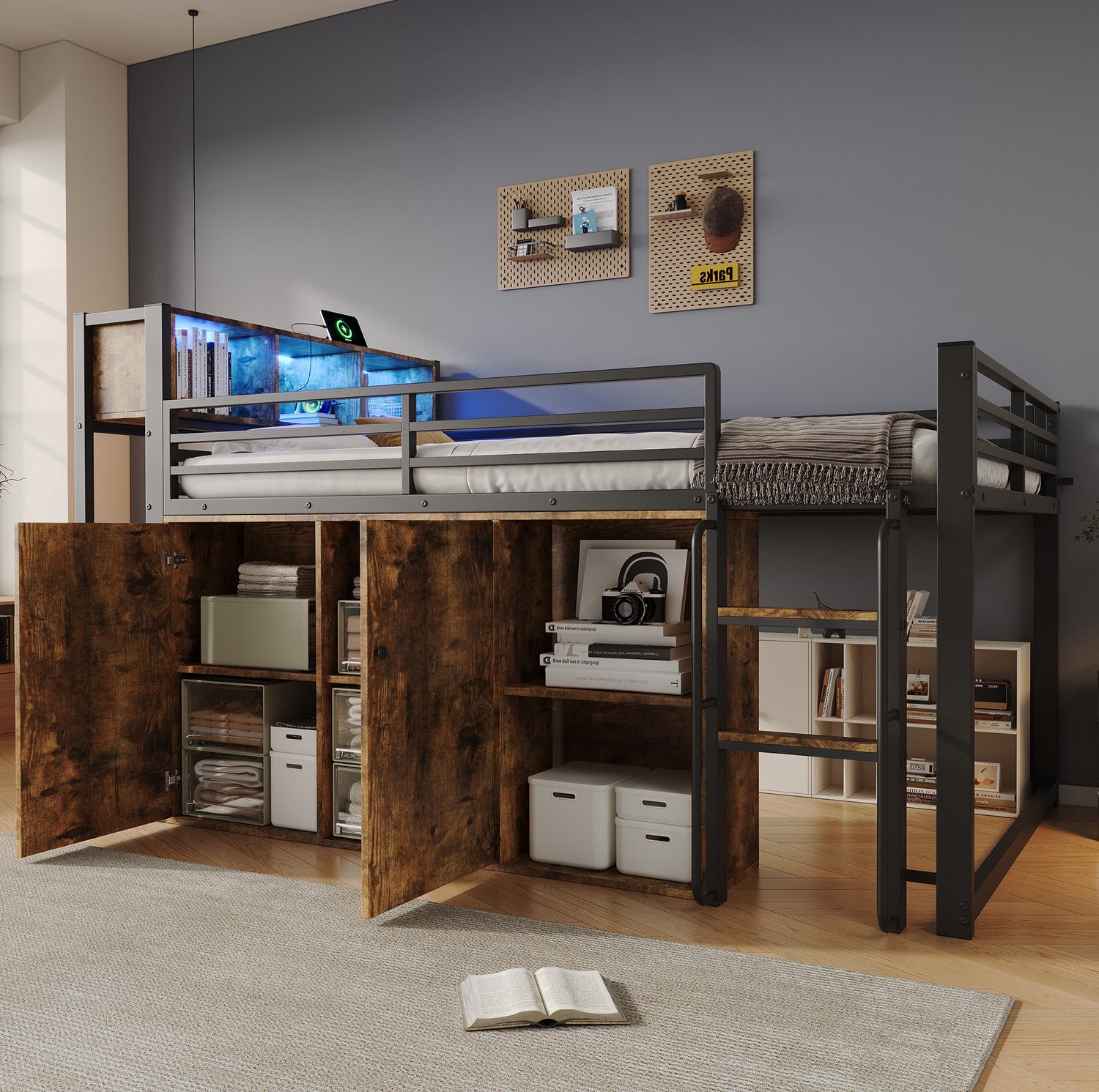 OKWISH Hoogslaper 120 x 200 cm - Met Verlichting en Stopcontact - Opbergkast en Ladder - Metaal en Houtlook - Zwart - Zonder Matras Zwart met houtlook
