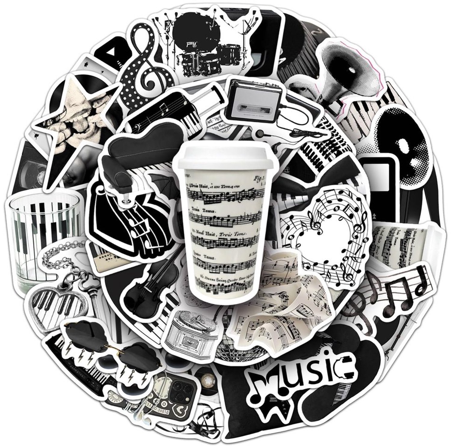 Set van 100 Zwart-Witte Muziekstickers voor Kinderen