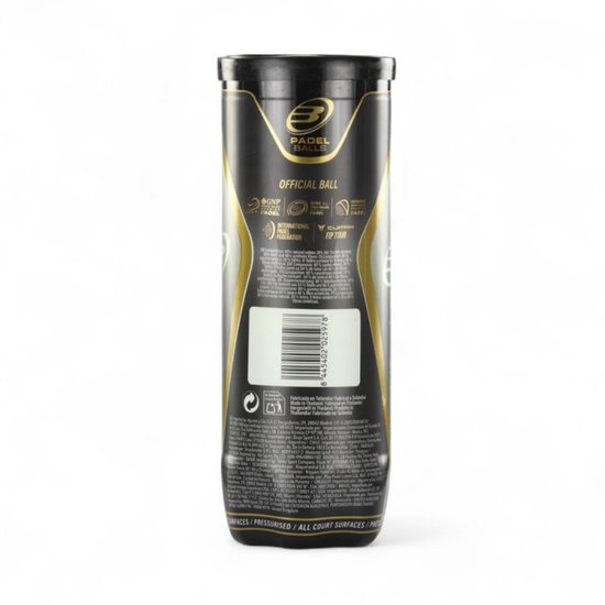 Zwarte koker met gouden Bullpadel logo en tekst 'OFFICIAL BALL', inclusief streepjescode en productinformatie.