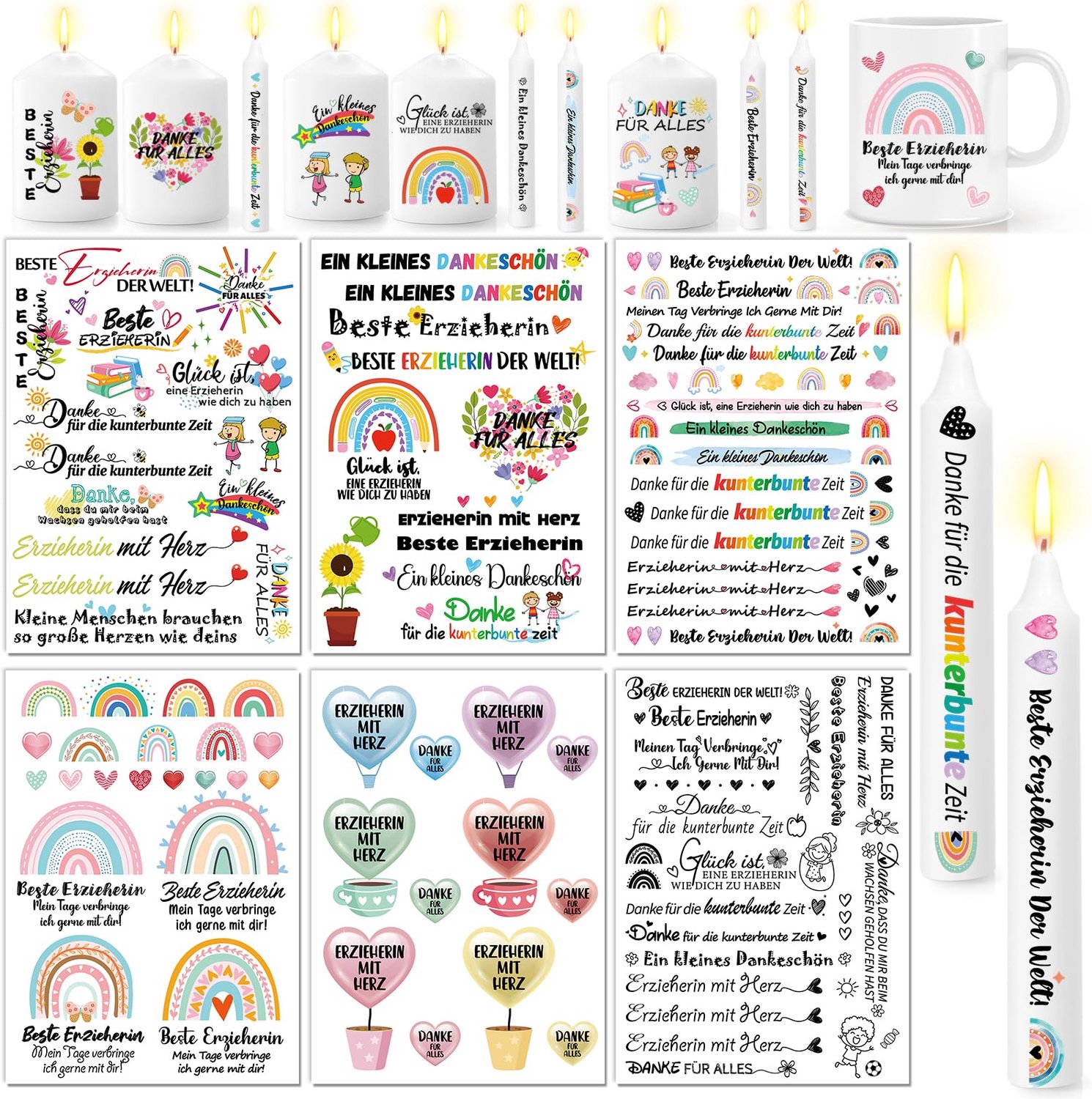 Kaarsentatoeages 6 Vellen - Afscheidsgeschenk - Waterschuiffolie - Kaarsen - Spreuken - Creatieve Cadeaus - Kaarsentattoos