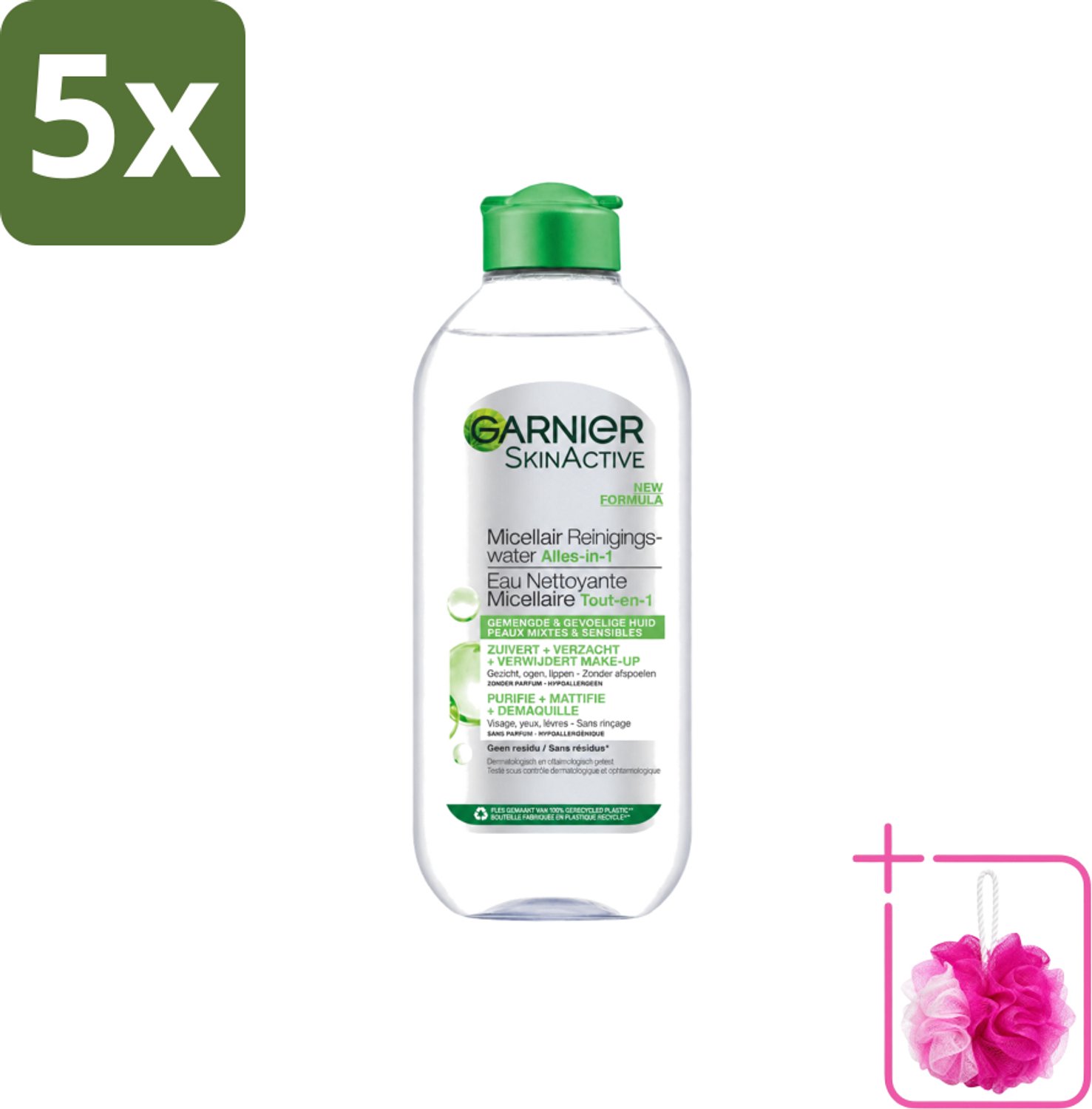 5 x Garnier - SkinActive - Micellair Reinigingswater - Gemengde & Gevoelige huid - Verzachtend & Reinigend - 400 ml - Bulkverpakking - Micellair reinigingswater - Douchemop - Vette huid
