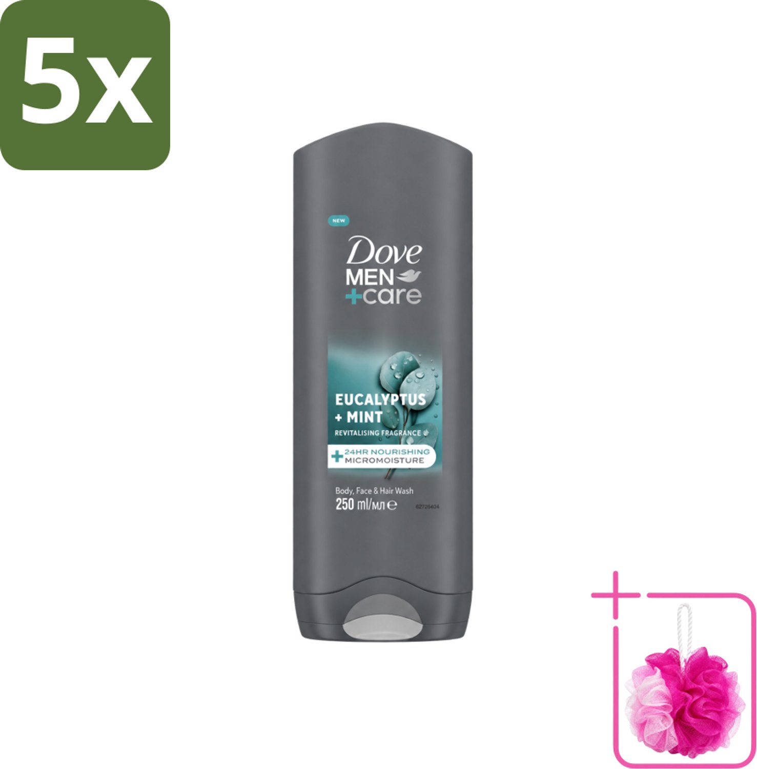 5 x Dove Men+Care Douchegel - Eucalyptus & Mint - 250 ml - Bulkverpakking - Douchegel voor mannen - Douchemop - Hydratatie huid