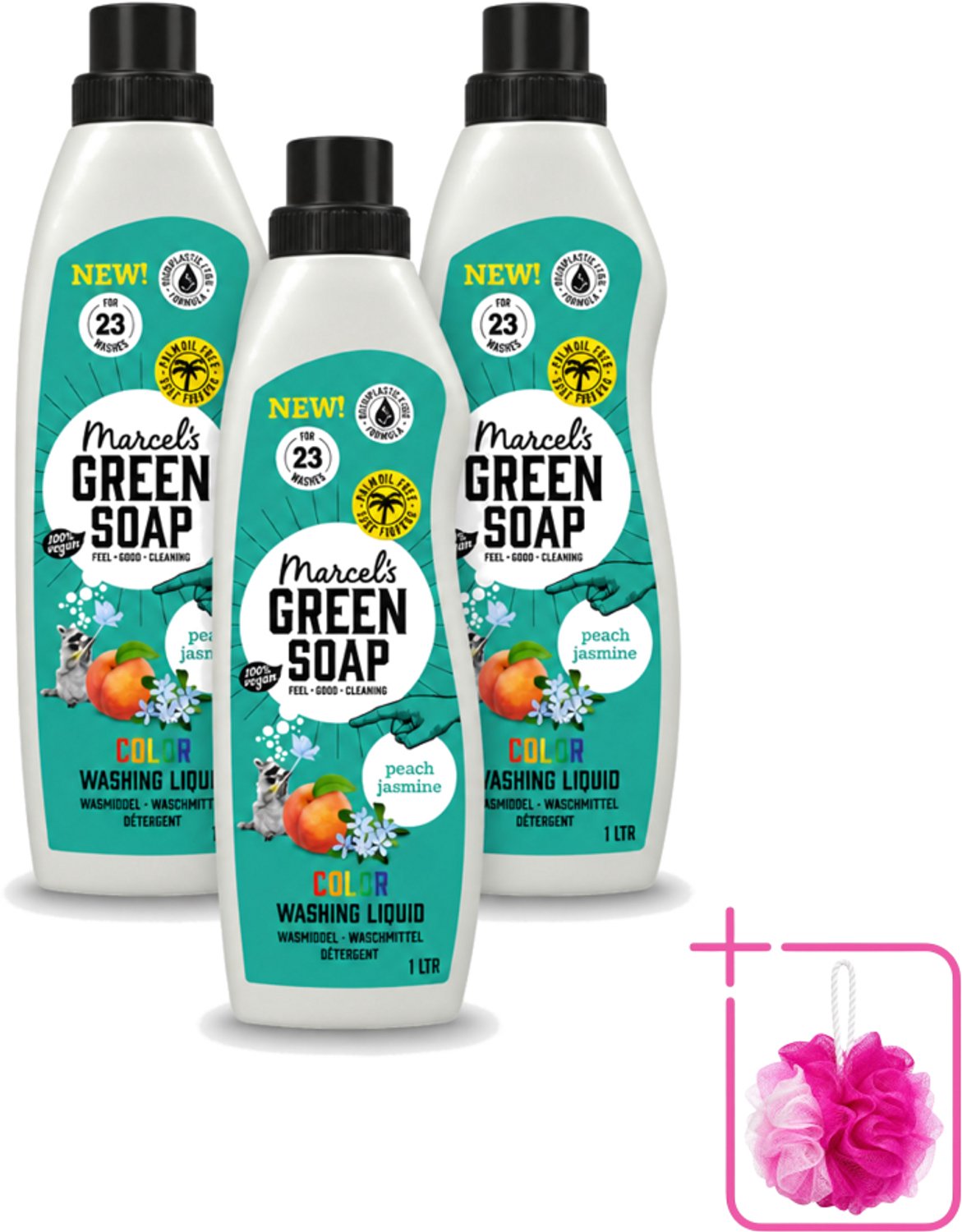 3 x Marcel's Green Soap - Vloeibaar Wasmiddel - Kleur - Perzik & Jasmijn - Effectief & natuurlijk - 23 Wasbeurten - 1 liter - Bulkverpakking - Wasmiddel - Douchemop - Natuurlijk wasmiddel