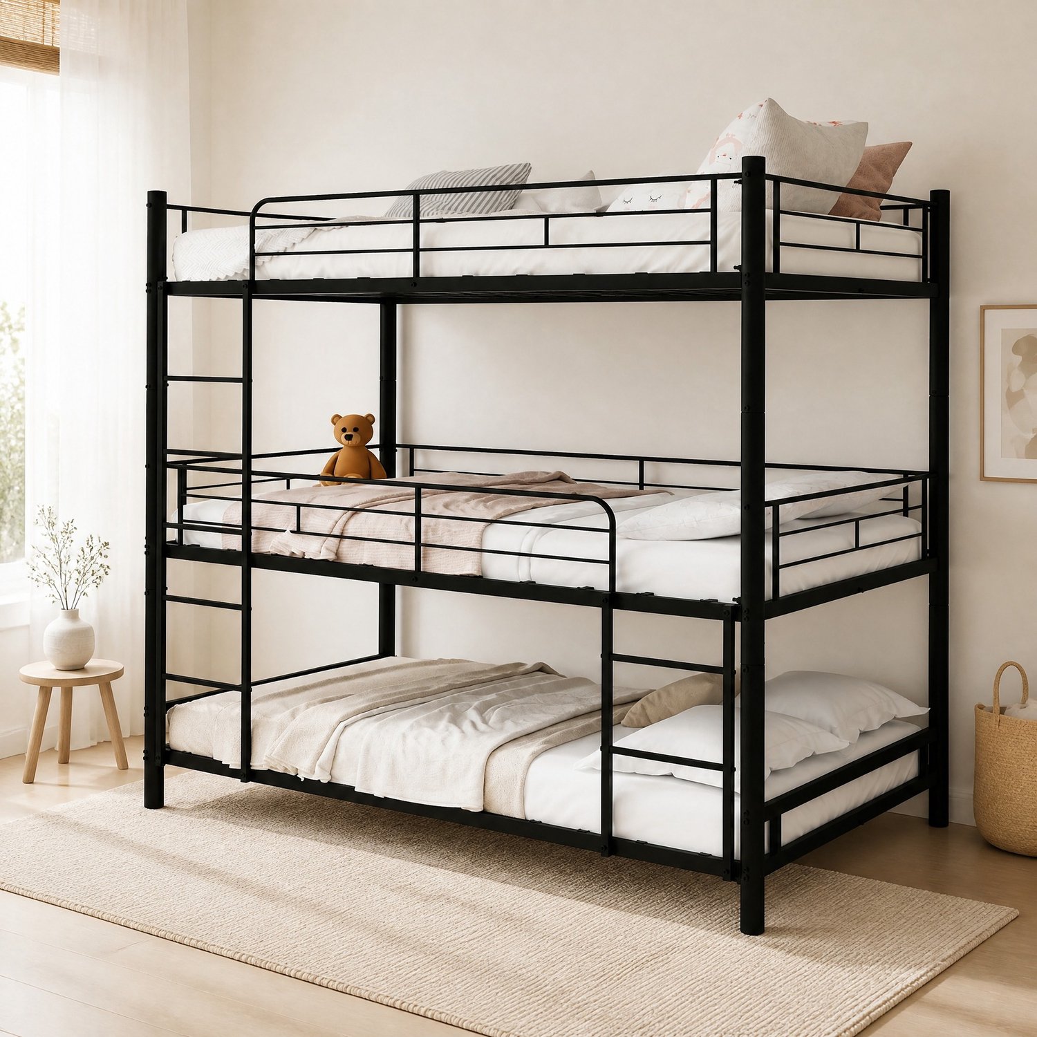 WUVRIE Driedubbel stapelbed 90x190 cm - Met 2 ladders, doorlopende bedhekken en metalen lattenbodems - Zwart