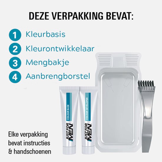 Inhoud van de verpakking: kleur- en ontwikkelcrème, mengbakje en aanbrengborstel.