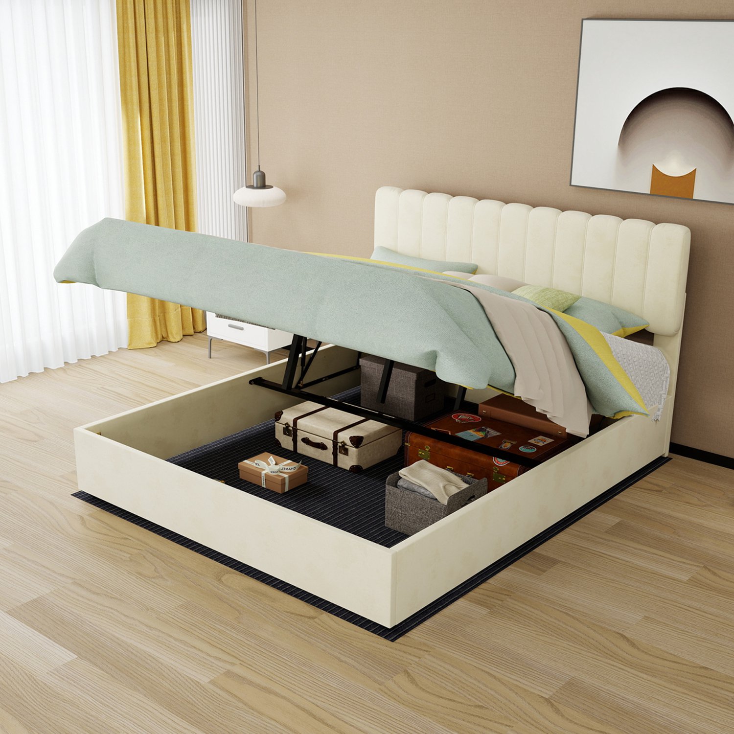 WUVRIE Gestoffeerd bed 160x200 cm - Met hoog hoofdbord en matras - Beige