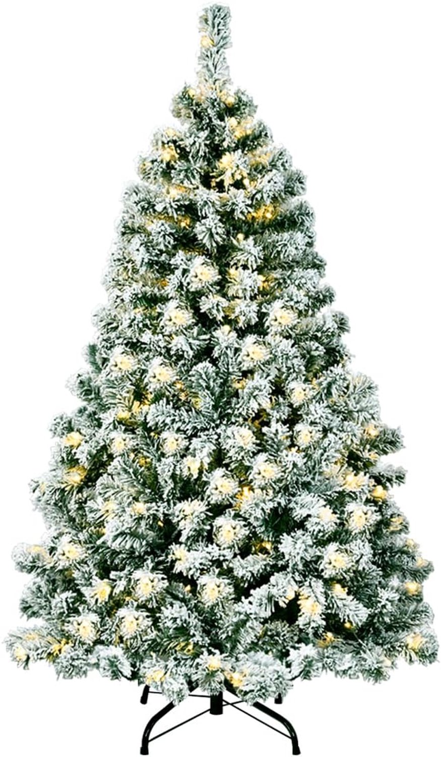 KOMFOTTEU Kunstkerstboom met leds, warmwit - kunstdennenboom wit met sneeuw - decoratieve boom voor Kerstmis, pvc-naalden en metalen standaard (135 cm)