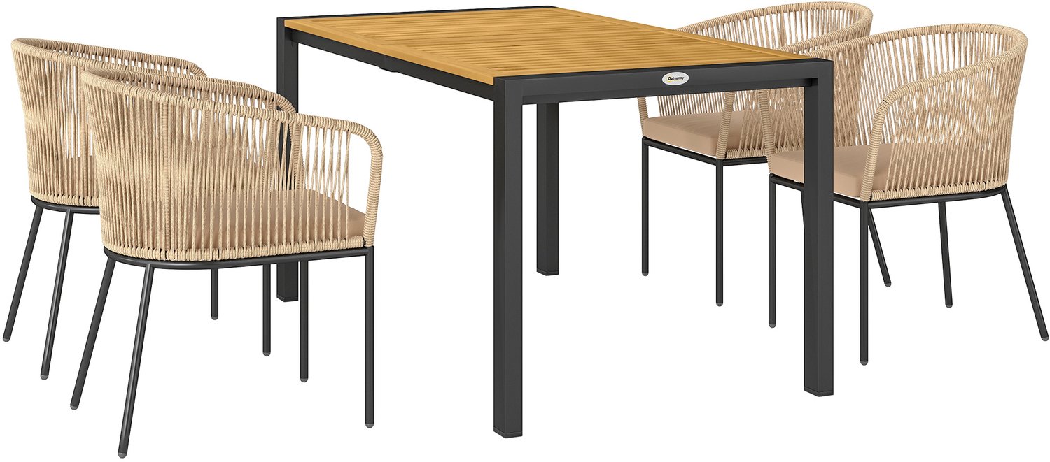 Outsunny Tuinset van Acaciahout en Rattan - Loungeset met Tafel en 4 Stoelen - Tuinmeubelset - Naturel en Khaki