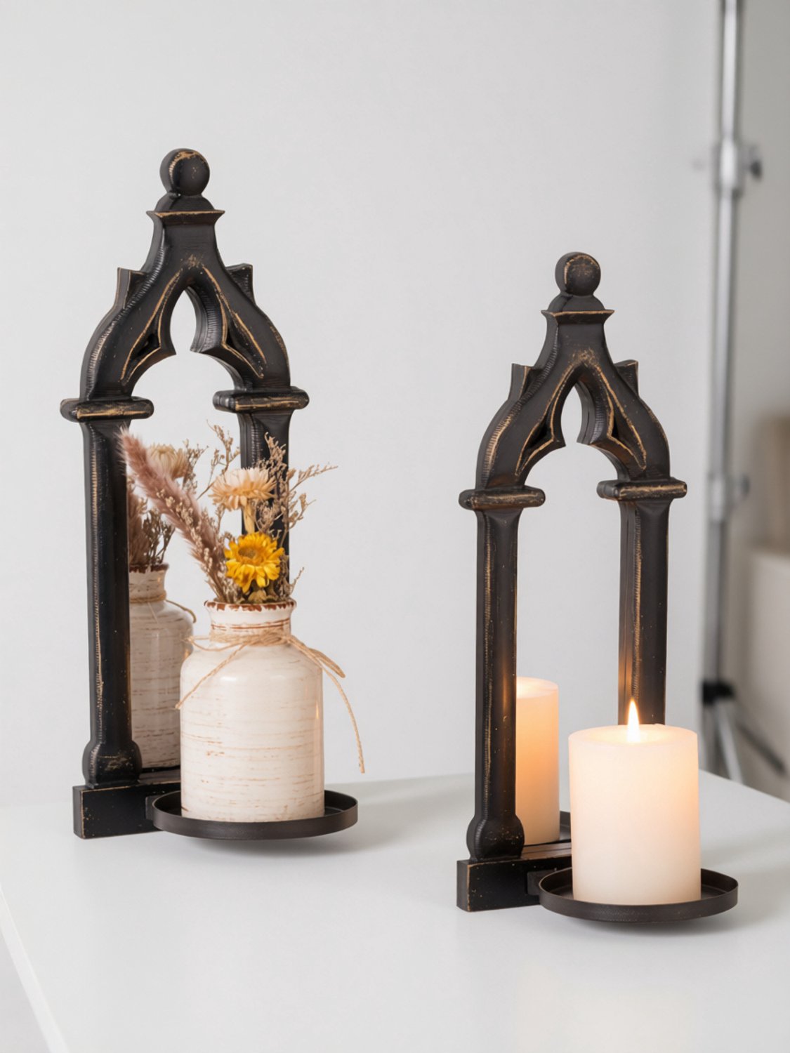 RALA Kandelaars Zwart Wanddecor - Gotisch Houten Kaarsenhouder met Spiegel - Set van 2 Wandkandelaars voor Binnen
