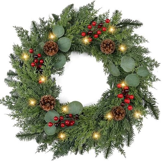 Kerstkrans - Deurkrans - Kerstkransen - Kerstkrans voor Buiten - LED-lampen - Kerstdecoratie - Kerstversiering Decoratie Binnen - Kerst Krans - Decoratieve Accessoires - 40 × 40 cm - Geschikt voor kerstversieringen - Groente