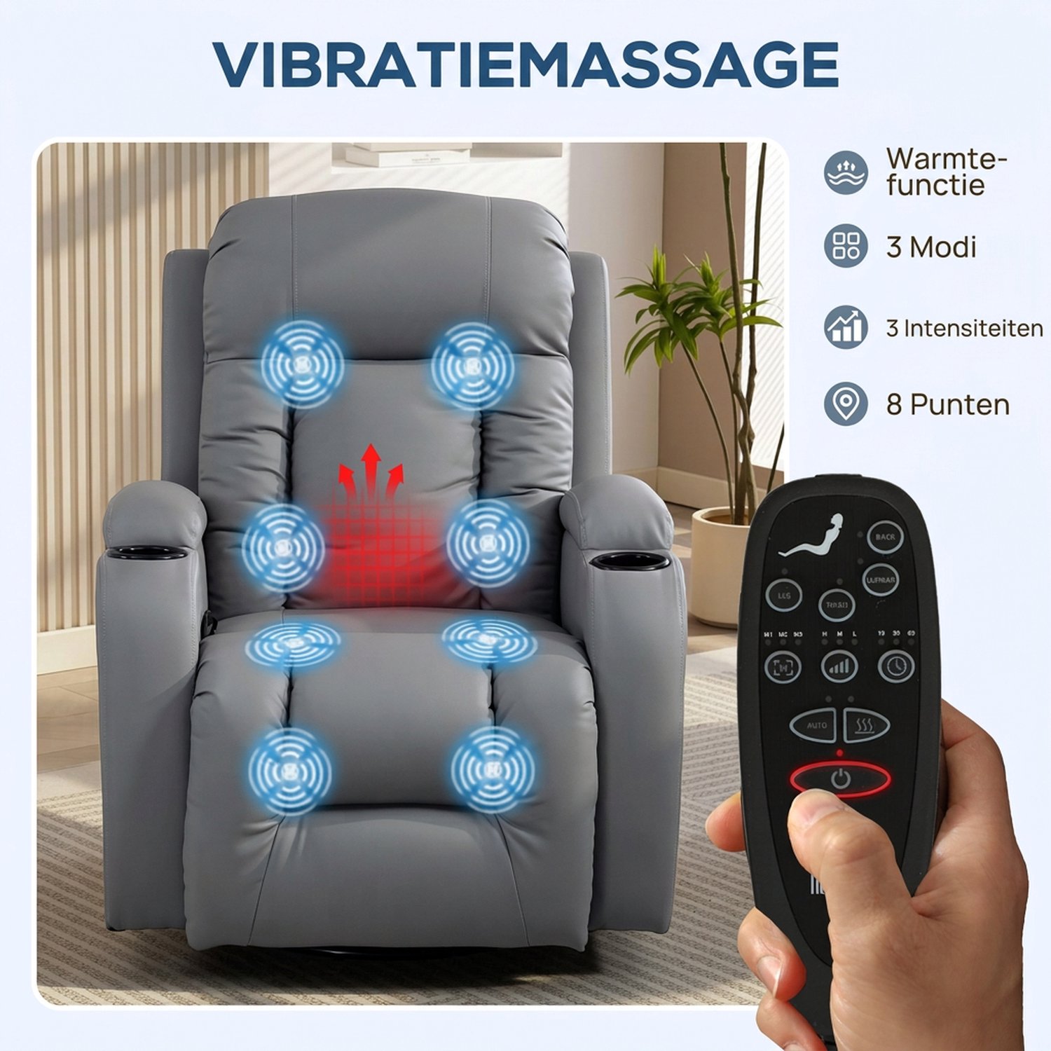 HOMCOM Massage Relaxstoel met Warmtefunctie - Relaxfauteuil - Tv-stoel - Ligstoel - Lichtgrijs – foto 5