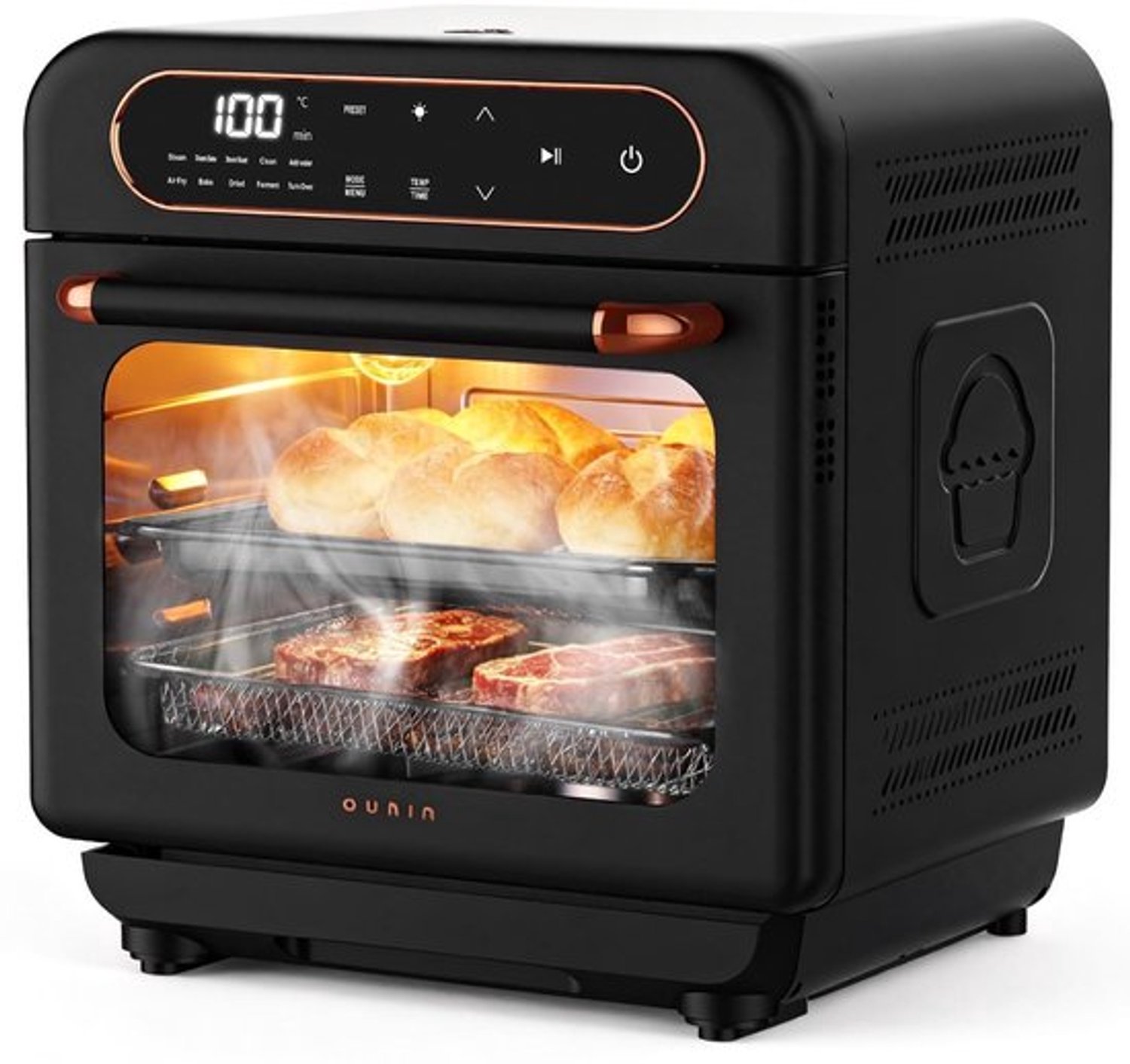12L Multifunctionele Oven, 8-in-1 Stoomoven met Broodfunctie, Dubbeldeks Bakken, 360° Heteluchtcirculatie, 1100W, Gebraden Kip, Lamsbout, Brood, Gestoomd Vlees en Groenten
