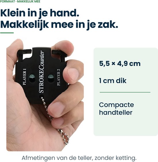 Zwarte Stroke Counter in een hand, compact ontwerp van 5,5 x 4,9 cm.