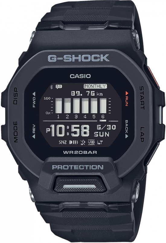 G-Shock GBD-200-1ER herenhorloge. Zwarte band en kast met digitaal display. Beschikt over 'Running' modus en toont '89,76 km' en '10:58'.