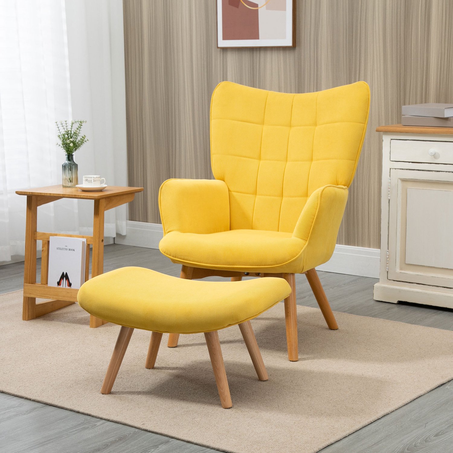 MIVRAY Fauteuil met Hocker 72 x 80 x 101 cm - Zachte Bekleding en Houten Poten - voor Woonkamer en Leeshoek - Polyester - Geel