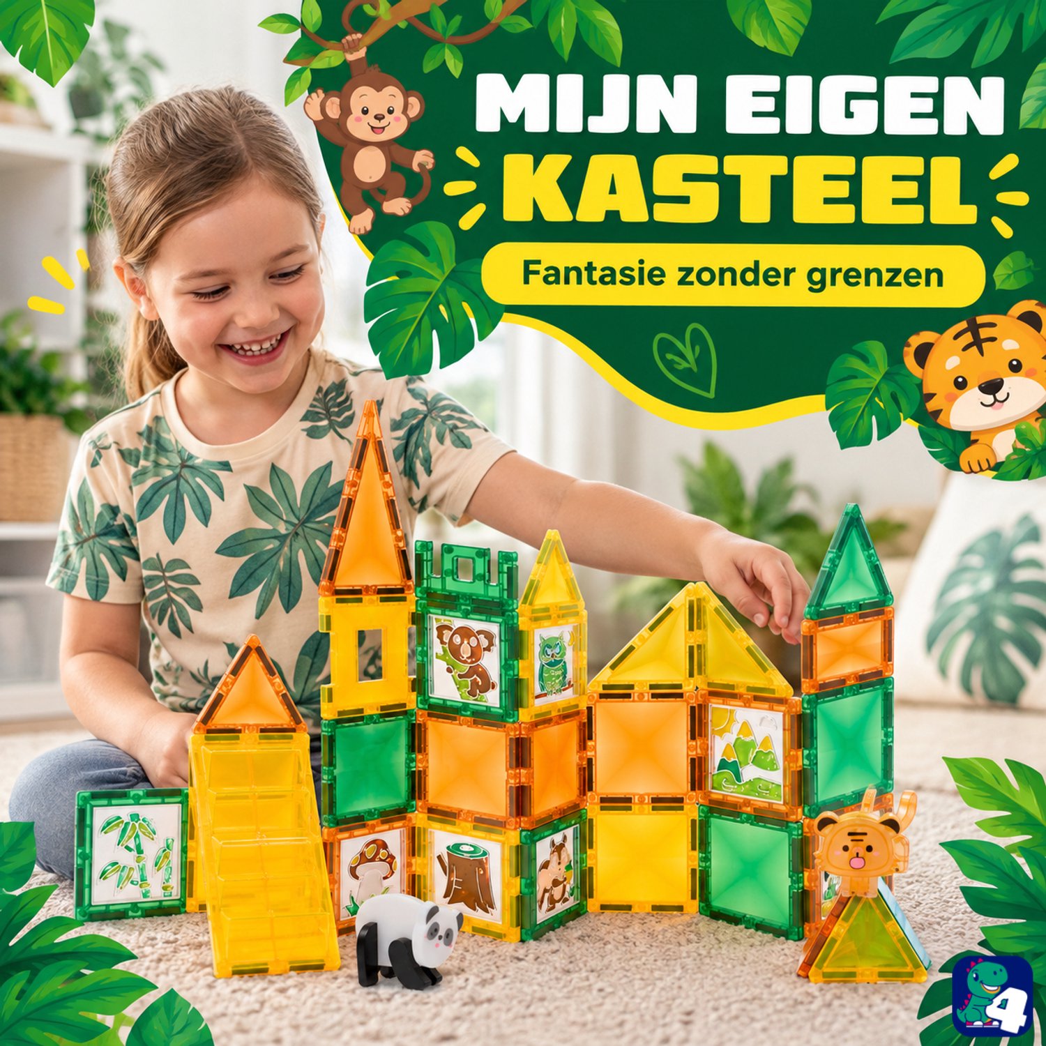 Fits4Kids® Magnetic Tiles - 47 Stuks - Magnetisch Speelgoed - Jungle Thema - Magnetische Tegels - Magna Constructiespeelgoed - Bouwstenen - 3 4 5 6 7 8 Jaar — afbeelding 9