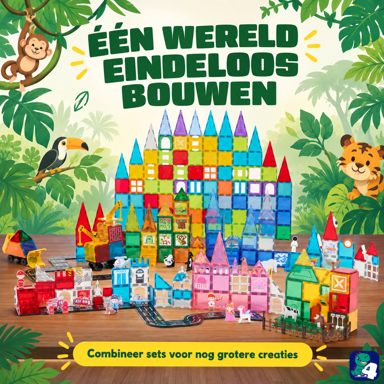Fits4Kids® Magnetic Tiles - 47 Stuks - Magnetisch Speelgoed - Jungle Thema - Magnetische Tegels - Magna Constructiespeelgoed - Bouwstenen - 3 4 5 6 7 8 Jaar — afbeelding 3