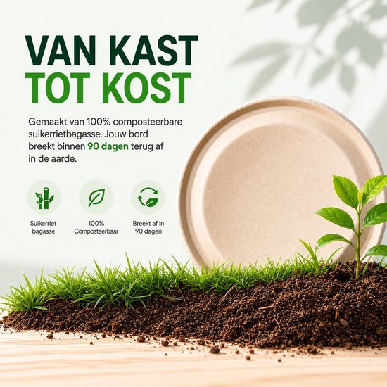Bruin suikerrietbagasse bord in de aarde met een groen plantje, 100% composteerbaar.