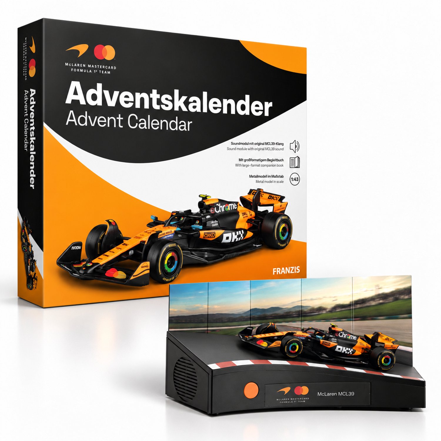 Franzis Adventskalender 2026 - Formule 1 - Lando Norris - Wereldkampioen 2026 - 67401 McLaren MCL39 - Metalen Modelbouwpakket Adventskalender - met Geluid - 1:43