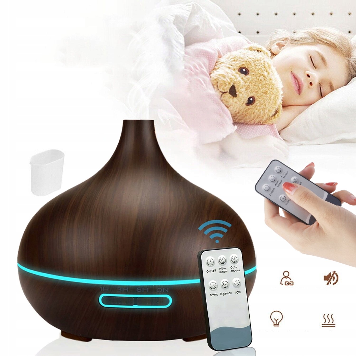 Aroma Diffuser 500ml - Geurverspreider - Ultrasone Luchtbevochtiger - Aromatherapie Diffuser - 7 Kleuren LED - 3 Timer & 2 Sproeistanden - Beveiliging tegen Watertekort - Fluisterstil - Afstandsbediening - Voor Slaapkamer & Studeerkamer