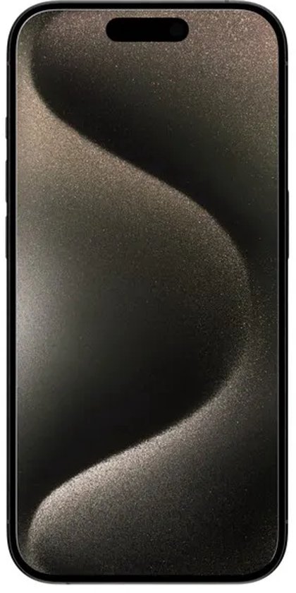 Vooraanzicht van een iPhone 15 Pro met donkere achtergrond en een opening voor de camera.