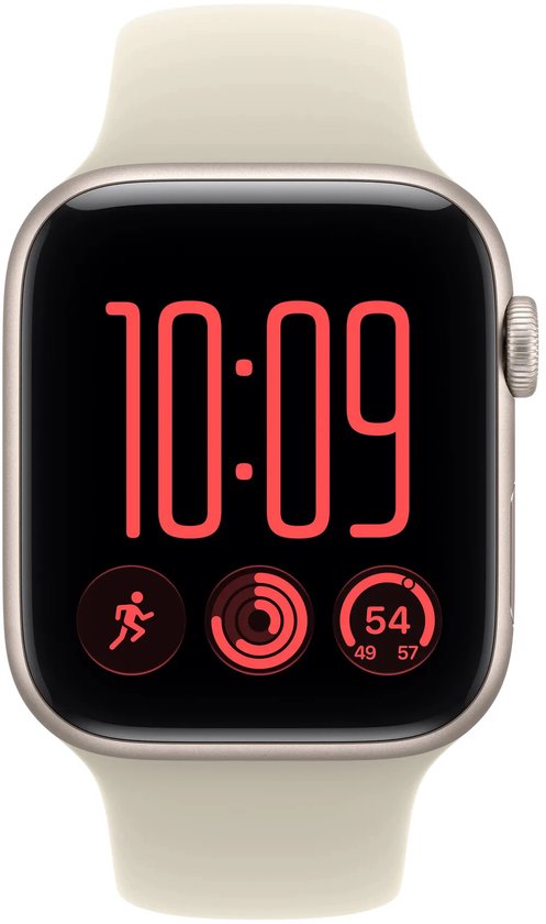 Apple Watch met starlight aluminium behuizing en starlight sportbandje, vooraanzicht met tijd 10:09.