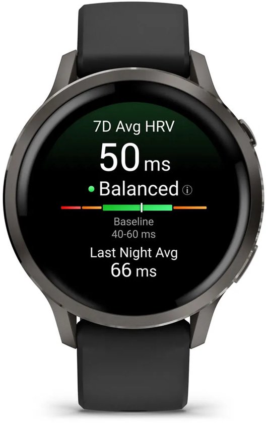Smartwatch met donkergrijze rand die '7D Avg HRV 50ms Balanced' en 'Last Night Avg 66ms' weergeeft.
