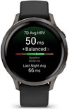 Smartwatch met donkergrijze rand die '7D Avg HRV 50ms Balanced' en 'Last Night Avg 66ms' weergeeft.