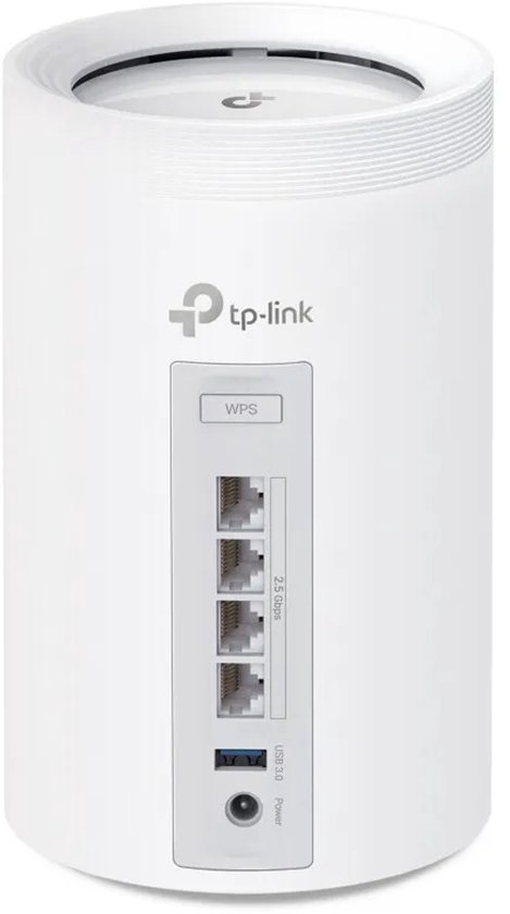 Witte TP-Link mesh-router van achteren gezien met vier ethernetpoorten, een WPS-knop, USB 3.0-poort en voedingsingang.