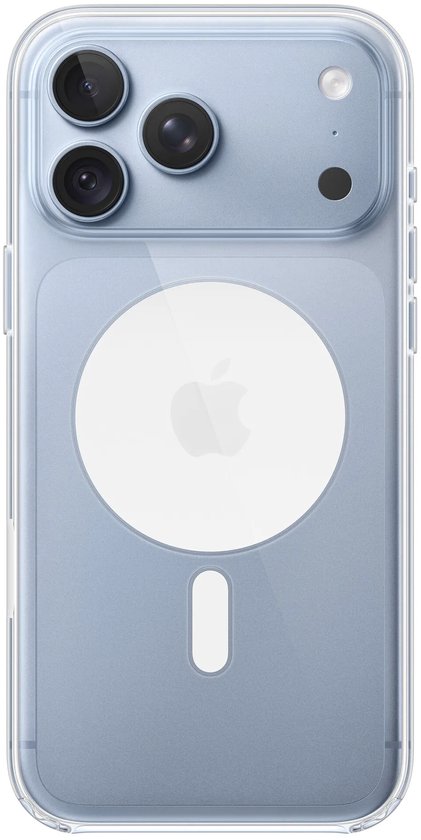 Transparante hoes voor lichtblauwe iPhone met witte MagSafe-cirkel.