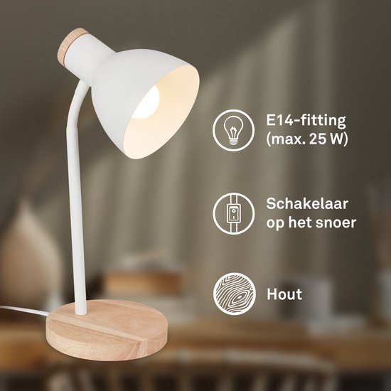 Witte bureaulamp met houten voet, E14-fitting, snoerschakelaar en houten details.