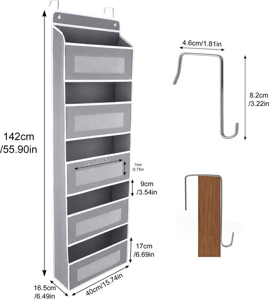MIVRAY Deur Organizer – 5 Vakken Met Meshvakken – 40 × 14 × 147 cm – Vliesstof, Karton En Metaal – Grijs Zwart – Hangende Opberger Voor Slaapkamer, Badkamer Of Voorraadkast — afbeelding 2