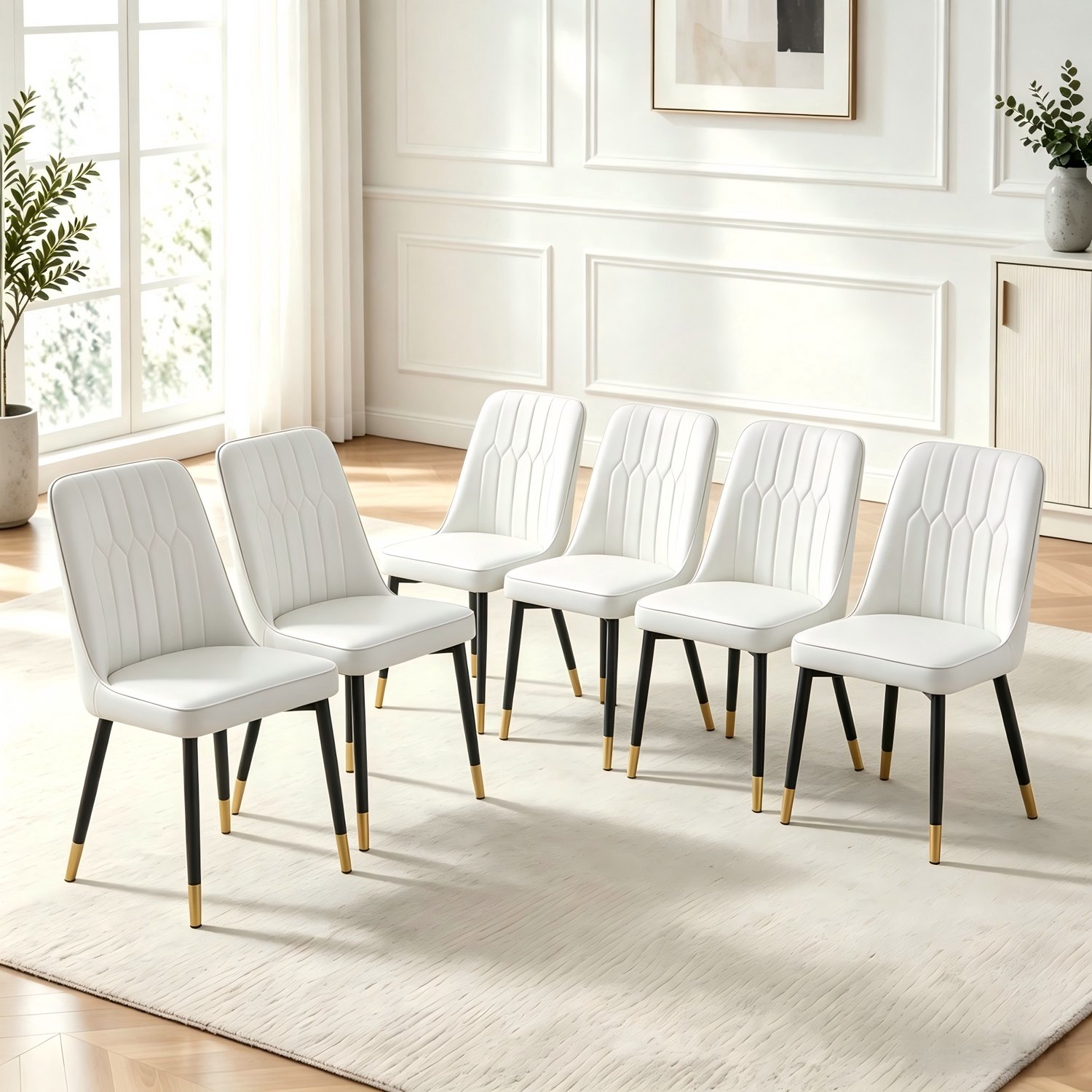 Clruro Eetkamerstoelen - Zitvlak 43×41,5 cm - Set van 6 - Zwarte Poten - PU/Metaal - Wit Wit+Zwart