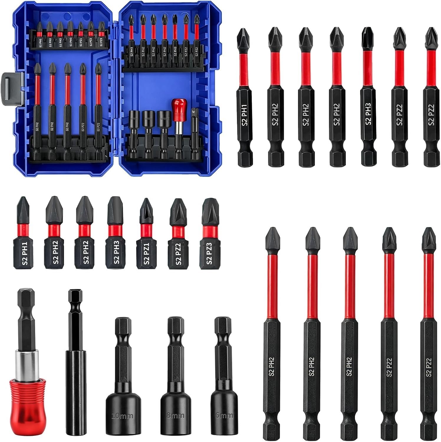 24-delige Impact Driver Bit Set met S2 Stalen Bits, Magnetische Houder en Verlengstuk voor Schroeven en Bevestigen