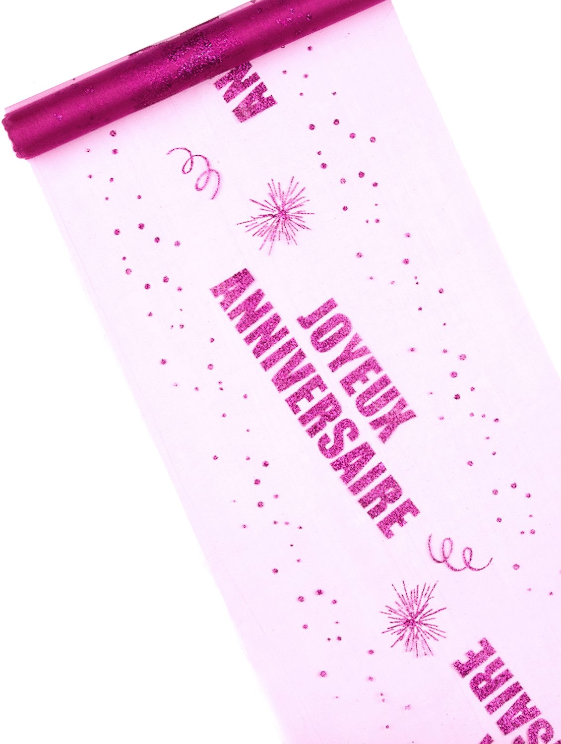 HOBI - Organza Tafelloper "Fijne Verjaardag" Fuchsia Glitter 29 cm x 5 m