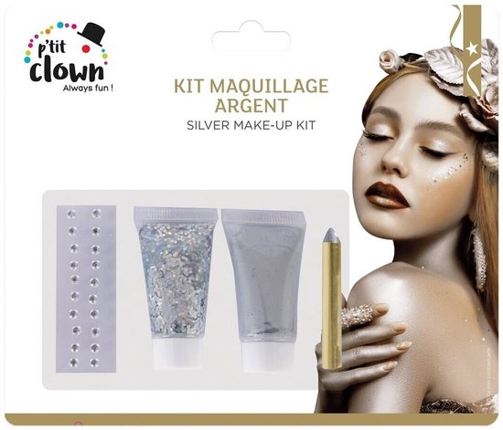 P'tit Clown zilver make-up kit met glittergel, schmink en strass steentjes voor een sprankelende festival look.