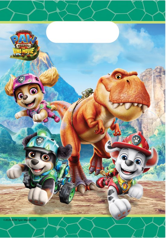 Paw Patrol Dino Movie cadeauzakje met Skye, Marshall, Rocky en een T-Rex tegen een jungle-achtergrond.