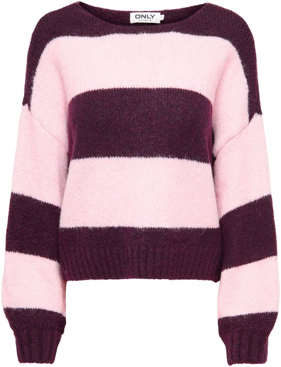Paars-roze gestreepte gebreide trui met het ONLY-label in de hals.