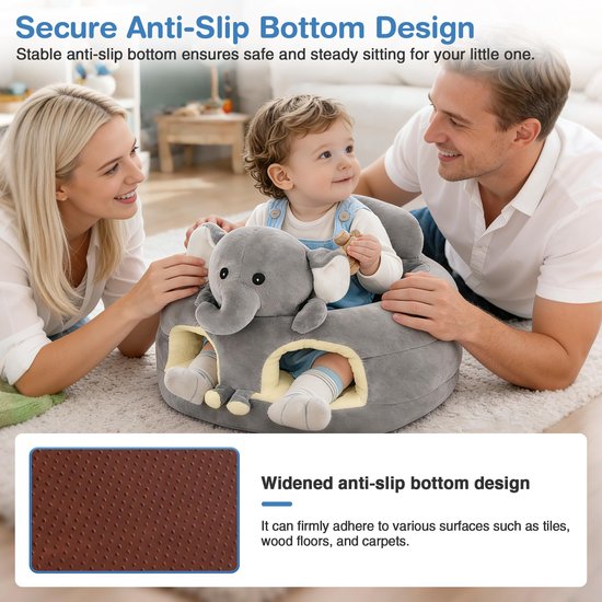 Pluche Baby Zitstoel Olifant - Ergonomisch Babykussen voor Leren Zitten (5-24 Maanden) - Grijs - Gebruik Onder Toezicht — afbeelding 5