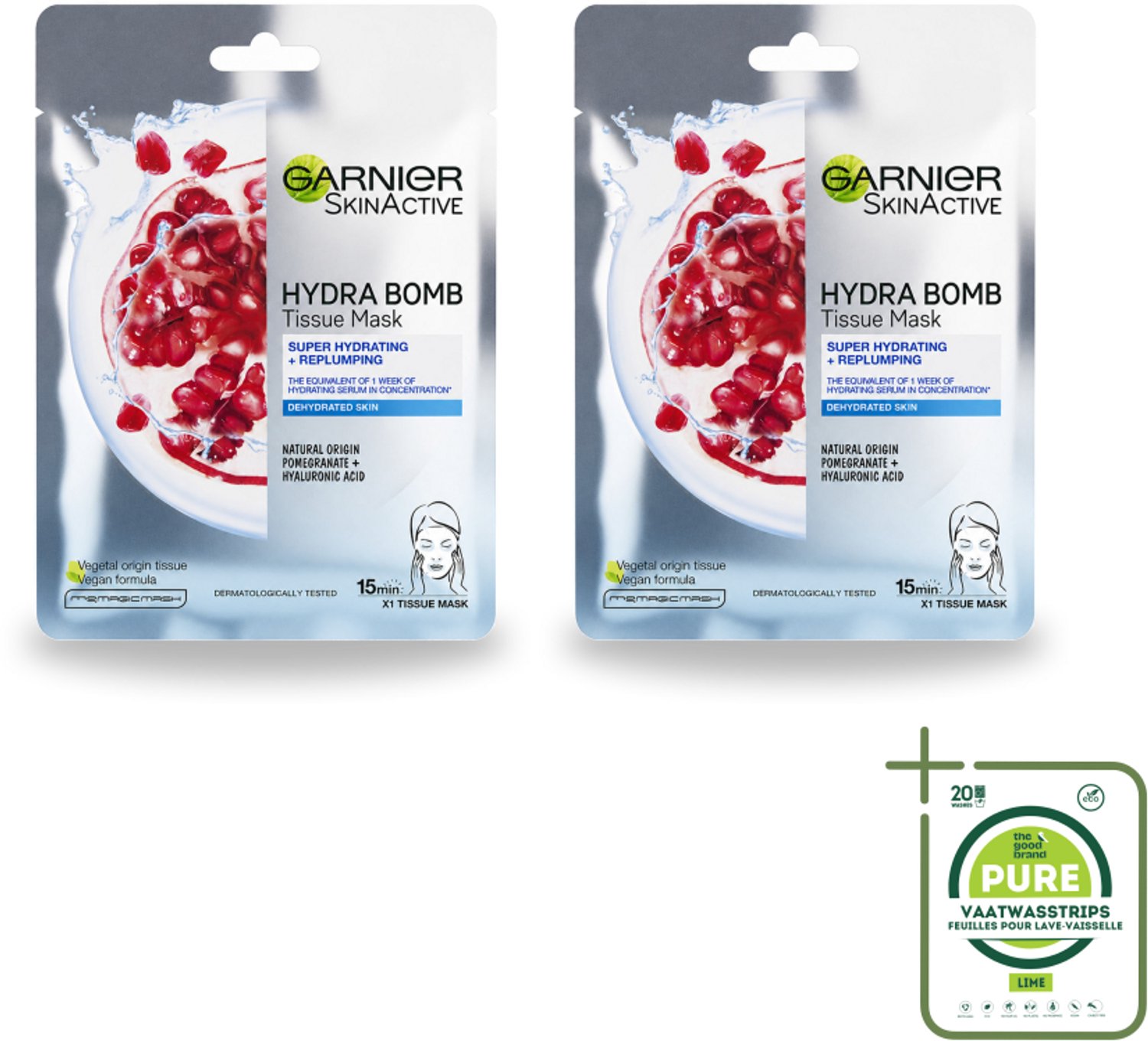2 x Garnier - SkinActive - Hydra Bomb Sheet Mask - Granaatappel - Gezichtsmasker - 1 Gezichtsreinigingsmiddel - Grootverpakking - Vaatwasstrips - Gezichtsmasker - Hydraat - Huidverzorging - Droge Huid - Gevoelige Huid