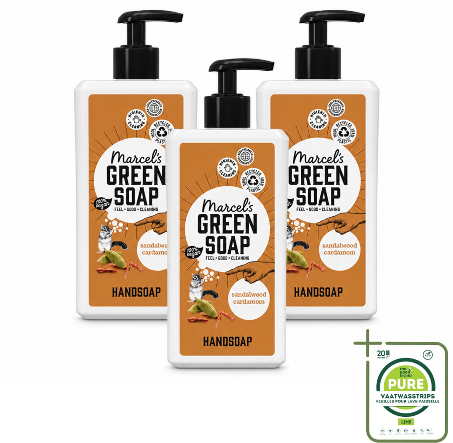 3 x Marcel's Green Soap - Handzeep - Sandelhout & Kardemom - Voor dagelijks gebruik - 500 ml - Grootverpakking - Vaatwasstrips - Handzeep - Natuurlijke Handzeep - Sandelhout - Kardemom - Biologische Handzeep